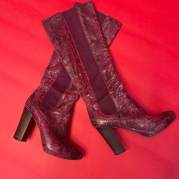 Juicy Couture Burgundy Snakeskin Leather Boots – Size 7.5 – 2010s Statement - Picture 1 of 13